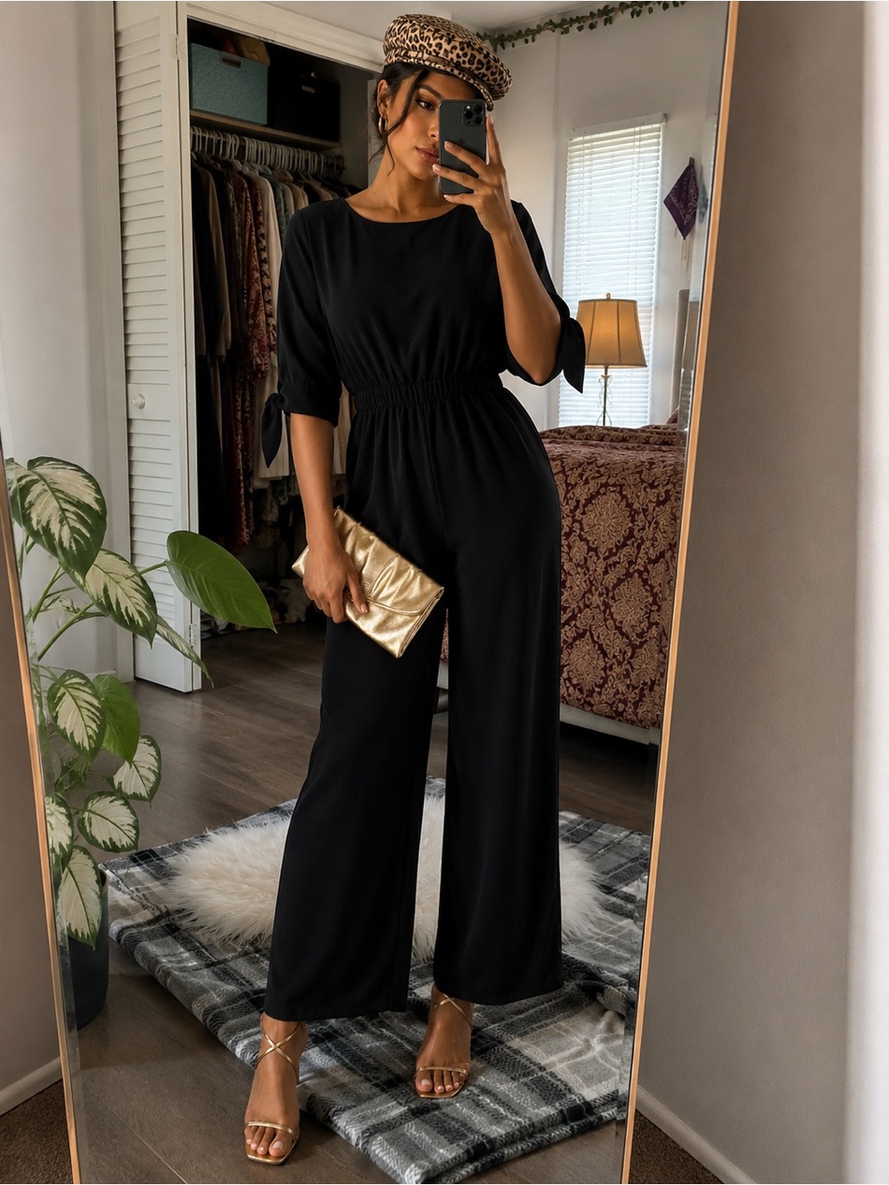 Elegant Black Wide-Leg Jumpsuit with Tie Sleeve Detail